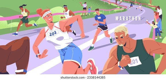 Different people take part in marathon, race. Happy woman running with other athletes. Male and female take action in mixed amateur competition. Challenge for prof runners. Flat vector illustration