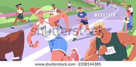 Different people take part in marathon, race. Happy woman running with other athletes. Male and female take action in mixed amateur competition. Challenge for prof runners. Flat vector illustration