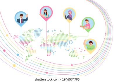 Diferentes personas participando en videoconferencia sobre la distancia. Mapa mundial con reunión en línea. Ilustración de vectores de arte plano
