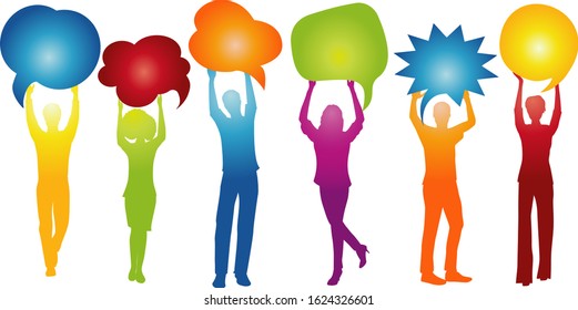 Different people talk holding speech bubble. Talking and inform. Communicate between a group of multiethnic and multicultural people who talk and share ideas. Social network. Friendship