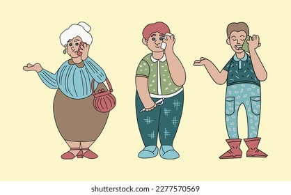 Verschiedene Leute sprechen auf Mobiltelefonen. Hübsche Doppel-Charaktere unterschiedlichen Alters und Geschlechts. Vektorhelle Illustration.