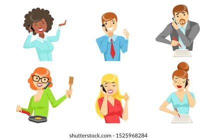 Different People Talking on Smartphones Set, Male and Female Characters Calling by Telephones Vector Illustration