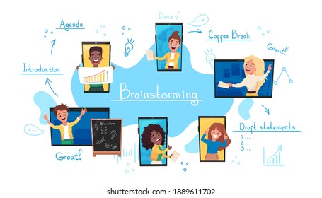 Different people at their homes connect together to work online, urgent meeting and document management, team thinking and brainstorming, coworking process via video chat. Vector cartoon illustration
