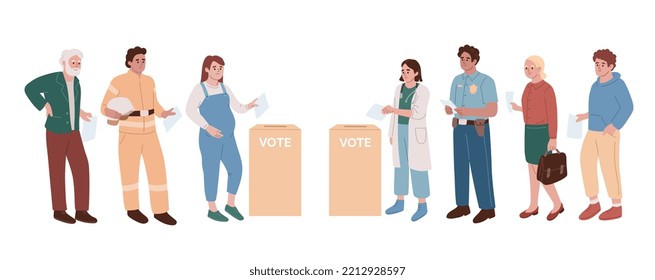 Different People Throwing Ballot Papers In The Ballot Boxes. Casting Ballots At The Polling Place. Group Of Voters, Electorate Standing In Line. Democracy Concept. Flat Vector Illustration.