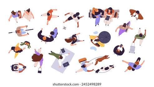 Different people top view. Person walks his dogs, girl goes with umbrella seen from above. Men and women with bike, phones move, run, stroll. Flat isolated vector illustration on white background