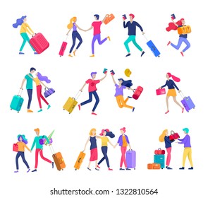 Different people travel on vacation. Tourists with laggage travelling with family, friends and alone, go on journey. Travelers in various activity with luggage and equipment. Vector illustration