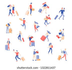 Different people travel on vacation. Tourists with laggage travelling with family, friends and alone, go on journey. Travelers in various activity with luggage and equipment. Vector illustration