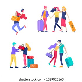 Different people travel on vacation. Tourists with laggage travelling with family, friends and alone, go on journey. Travelers in various activity with luggage and equipment. Vector illustration