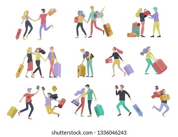 Different people travel on vacation. Tourists with laggage travelling with family, friends and alone, go on journey. Travelers in various activity with luggage and equipment. Vector illustration