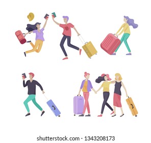 Different people travel on vacation. Tourists with laggage travelling with family, friends and alone, go on journey. Travelers in various activity with luggage and equipment. Vector illustration