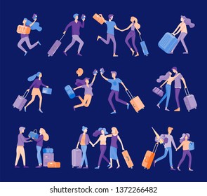 Different people travel on vacation. Tourists with laggage travelling with family, friends and alone, go on journey. Travelers in various activity with luggage and equipment. Vector illustration