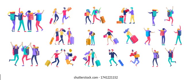 Different people travel on vacation. Tourists with laggage travelling with family, friends and alone, go on journey. Travelers in various activity with luggage and equipment. Vector illustration