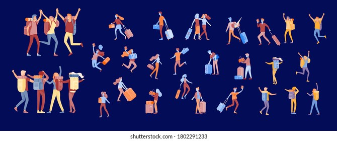 Different people travel on vacation. Tourists with laggage travelling with family, friends and alone, go on journey. Travelers in various activity with luggage and equipment. Vector illustration