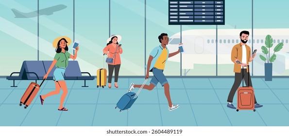 Different people are travelers with suitcases and passports at the airport. Vector cartoon flat style illustration