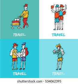 Different people travel-ling on vacation. Happy tourists sightseeing city with map. Hand drawn vintage style. Isolated vector illustration.