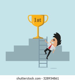 Different people try to success. Stairs to success. Metaphoric obstacle. Cartoon Vector Illustration.