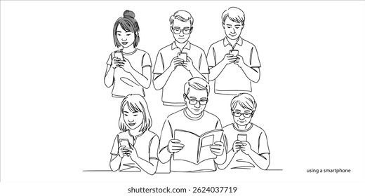 different people using a smartphone continuous single line art drawing sketch on white background