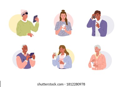 Different People Are Using Smartphones, Chatting And Making Selfie. Young, Adult And Elderly Persons Talking And Typing On The Phones. Female And Male Characters Set. Flat Cartoon Vector Illustration.