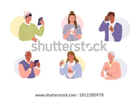 Different people are using smartphones, chatting and making selfie. Young, adult and elderly persons talking and typing on the phones. Female and Male characters set. Flat cartoon vector illustration.