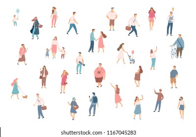 Fondo de Vector de diferentes Personas. Personajes de dibujos animados planos masculinos y femeninos. Gente que camina, multitud aislada en el fondo blanco.