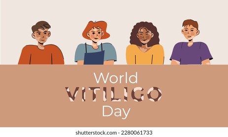 different people with vitiligo. Love yourself. Banner with women and men of different nationalities on a blue background