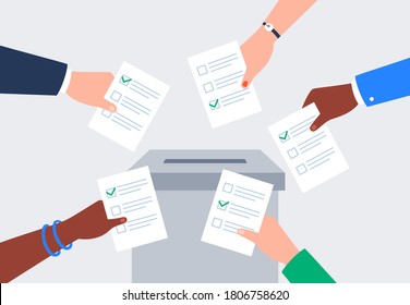 Different people voting. Hands are putting paper ballots to the election box. Democratic election. Vector flat illustration. 