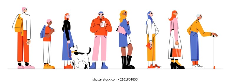 Different People Waiting In Long Queue. Vector Flat Illustration Of Multiracial Group, Adult Characters, Elder Man, Boy, Student And Woman With Dog Stand In Line