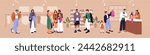 Different people waiting in queue in dress store. Customers stand in line in clothes shop. Buyers queuing to make purchase, buy in boutique. Vendor sells on the counter. Flat vector illustration