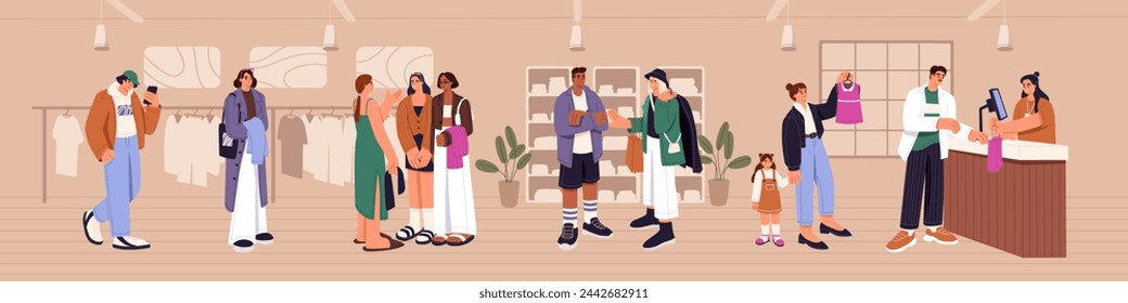 Different people waiting in queue in dress store. Customers stand in line in clothes shop. Buyers queuing to make purchase, buy in boutique. Vendor sells on the counter. Flat vector illustration