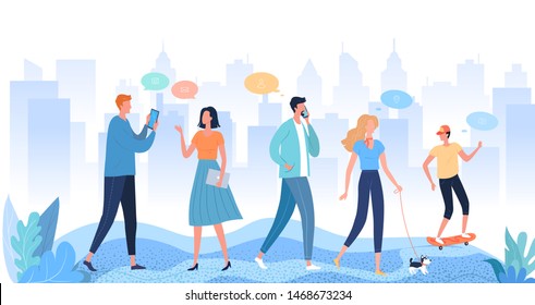 Different people waking on the modern city street. Vector flat cartoon illustration