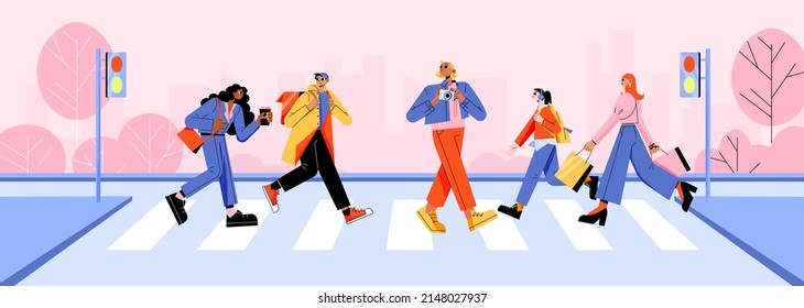 Different people walk on pedestrian crosswalk. Vector flat illustration of city street with walking businesswoman with coffee, student, delivery man, girl with shopping bags and tourist with camera