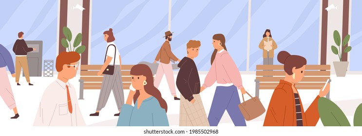 Different people walking along city street. Daily urban life. Horizontal cityscape with human traffic. Panoramic town scene with citizens. Colored flat vector illustration of pedestrians