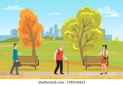 Different people walking in autumn park outdoors. Young man with case, old grey-haired man with walking stick, stylish business lady with bag wearing glasses. Buildings of city at background