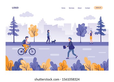 Different people walking on the city street. Vector flat illustration. landscape with people walking in the city. Urban lifestyle, cheerful people on sidewalk. Social interactions flat illustration. 