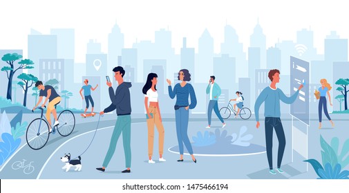 Different people walking on the smart city street. Vector flat illustration