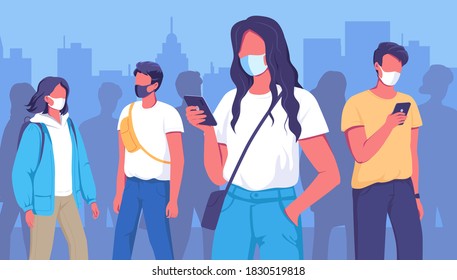 Different people walking on the street wearing masks