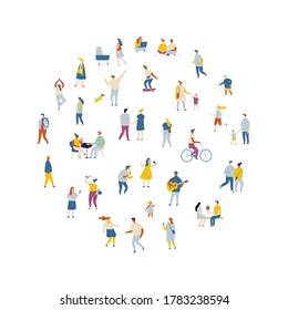 Different people walking oudoors flat vector illustration. Crowd of people. City life, street