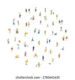 Different people walking oudoors flat vector illustration. Crowd of people. City life, street