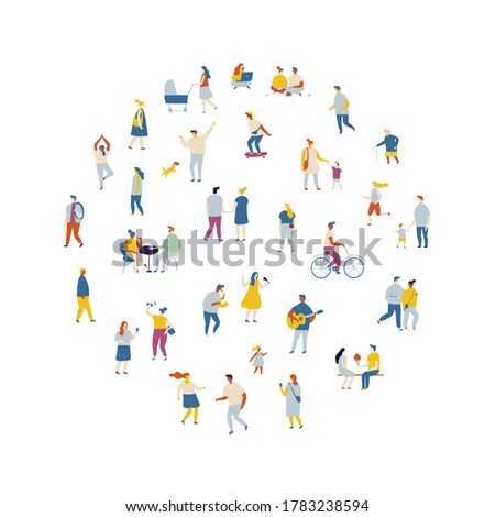 Different people walking oudoors flat vector illustration. Crowd of people. City life, street