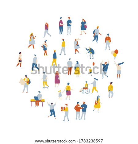 Different people walking oudoors flat vector illustration. Crowd of people. City life, street