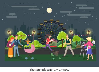 Different people walking in the park in the evening. Urban city landscape. Flat style vector illustration