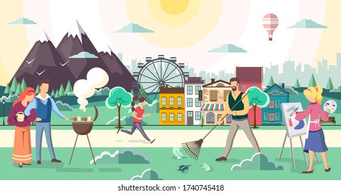 Different people walking in the park. Mountain village landscape. Flat style vector illustration