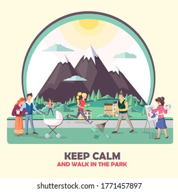 Different people walking in the park. Mountain village landscape. Flat style vector illustration