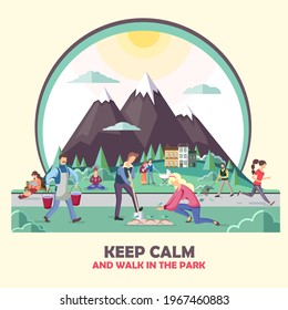 Different people walking in the park. Mountain village landscape. Flat style vector illustration