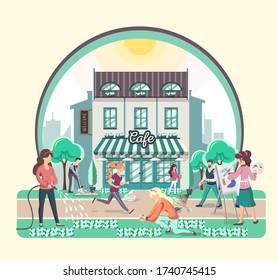 Different people walking in the park near the building cafe . Flat style vector illustration