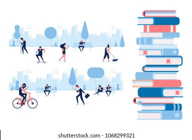 Different people walking in the park and reading books. Flat vector illustration.