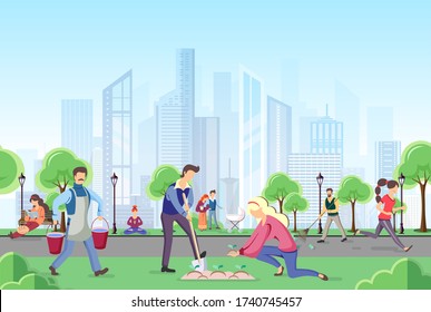 Different people walking in the park. Urban city landscape. Flat style vector illustration