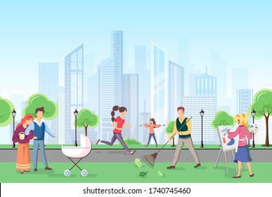Different people walking in the park. Urban city landscape. Flat style vector illustration