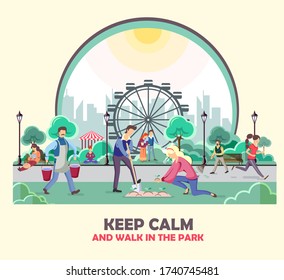 Different people walking in the park. Urban city landscape. Flat style vector illustration