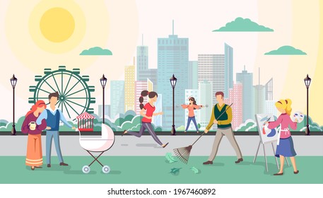 Different people walking in the park. Urban city landscape. Flat style vector illustration